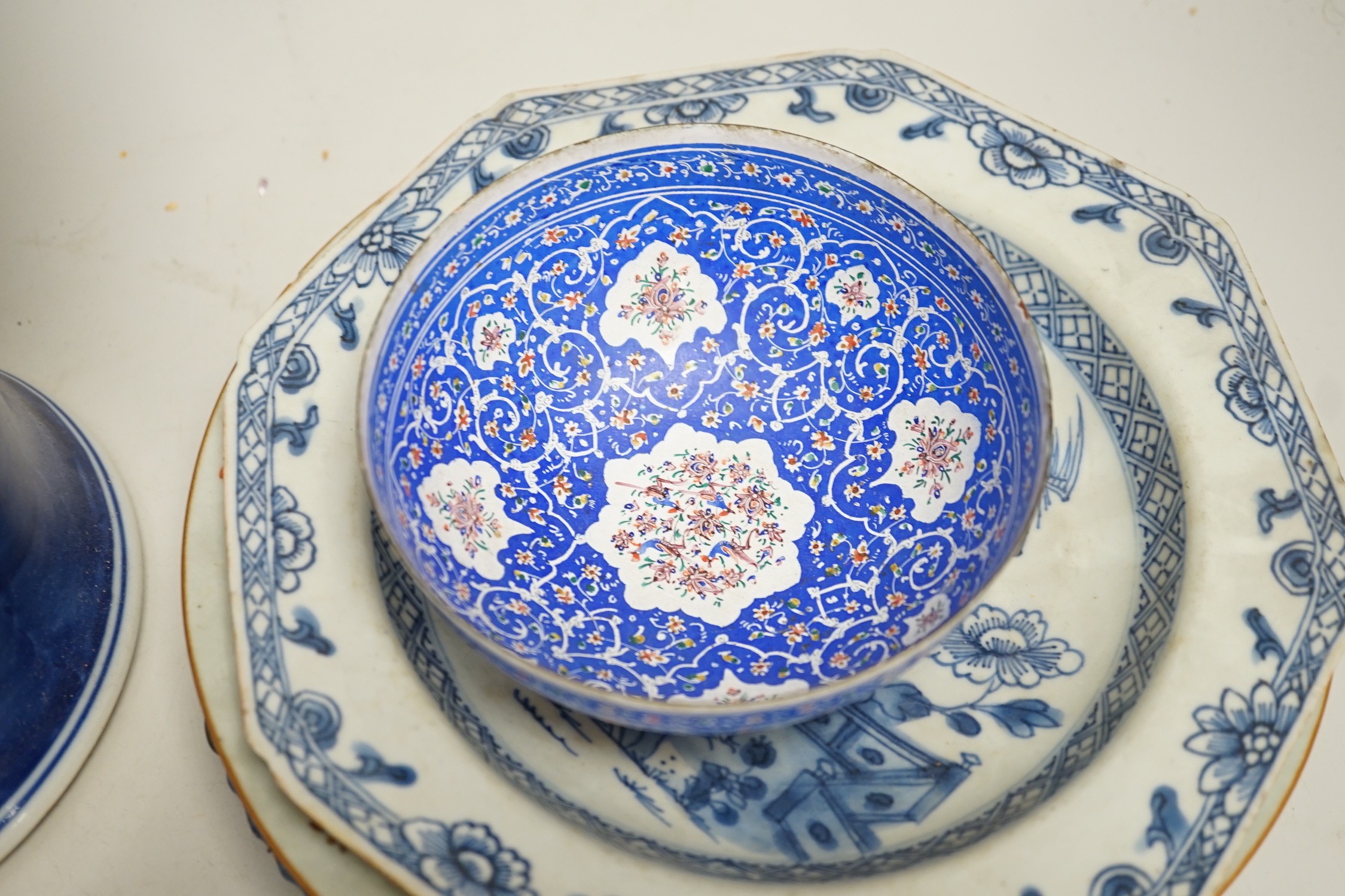 A large Chinese blue and white prunus vase, 46.5cm, together with Chinese export plates and oriental ceramics etc
